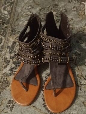 Brown/Gray Multi-Strap Gladiator Sandals with Chain & Stud Details